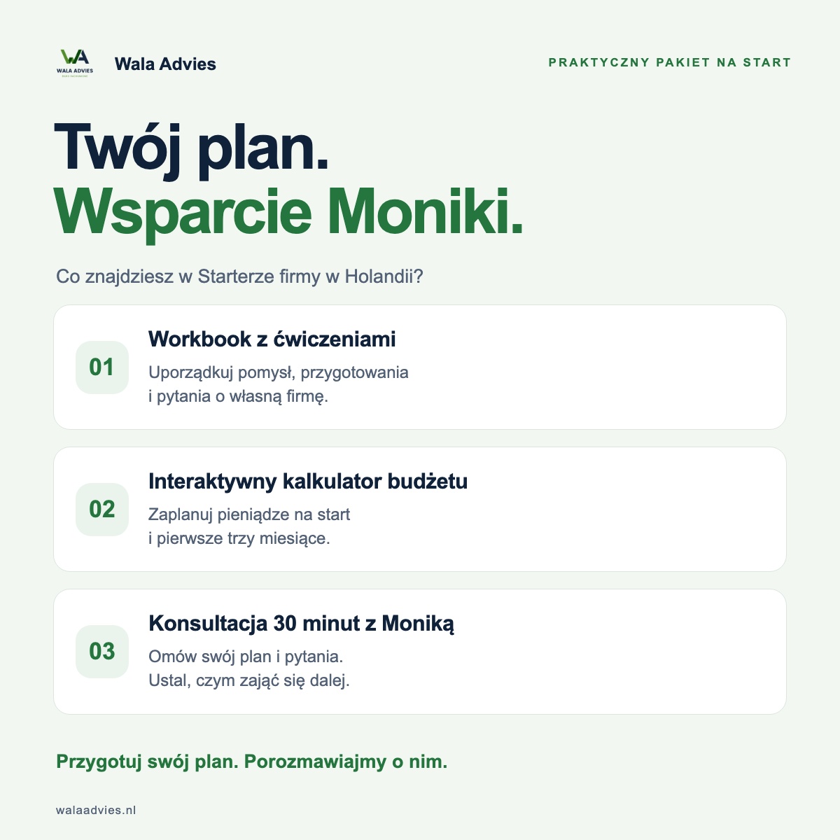 Zawartość Startera: workbook z ćwiczeniami, kalkulator budżetu i konsultacja z Moniką